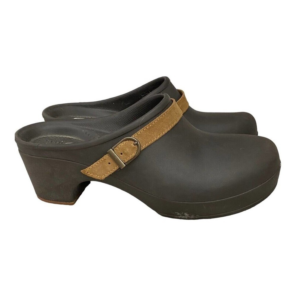 Women’s Black Slip-On Clog with Tan Strap Size 11